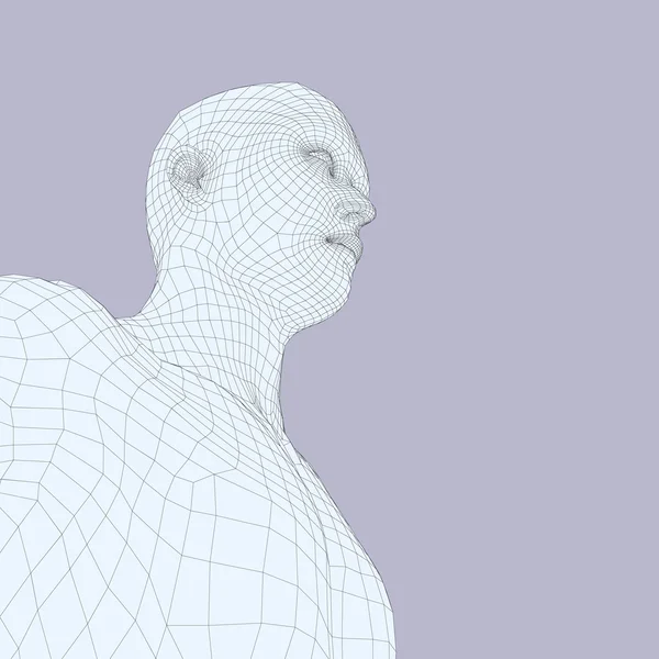 Chef för personen från ett 3d stödraster. Mänskliga huvudet kabel modell. Mänskliga Polygon huvud. Ansikte skanning. Vy över mänskligt huvud. 3D geometriska Face Design. 3D månghörniga täcker huden. Geometri Polygon Man porträtt. — Stock vektor