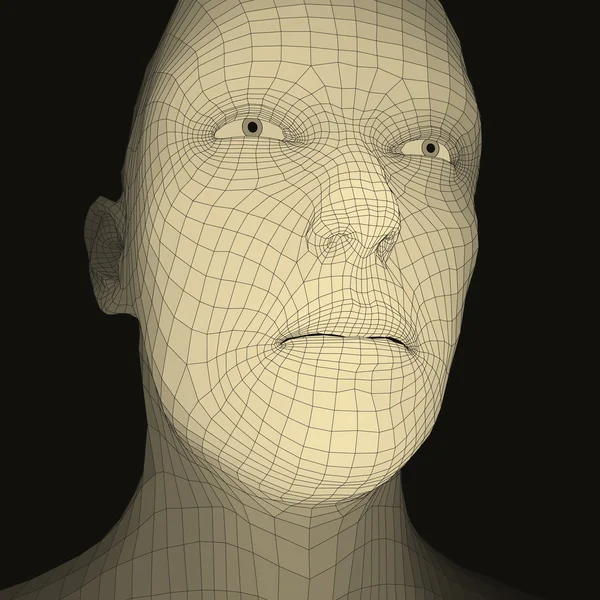 3d Grid insandan şefi. İnsan kafası Model tel. İnsan çokgen kafa. Yüz tarama. İnsan kafası görünümünü. 3D geometrik yüz tasarım. 3D poligonal kapsayan cilt. Geometri çokgen adam portresi. — Stok Vektör
