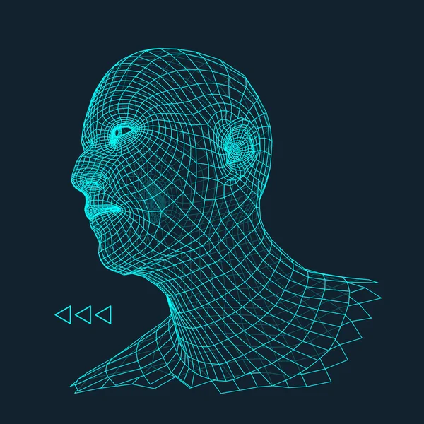 A személy egy 3D-s háló vezetője. Emberi fej drót modell. Emberi sokszög vezetője. Fürkésző arca. Kilátás-ból emberi fej. 3D-s geometriai arc Design. 3D sokszögű borító bőrt. Geometria sokszög férfi portré. — Stock Vector