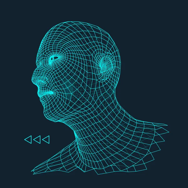 Chef för personen från ett 3d stödraster. Mänskliga huvudet kabel modell. Mänskliga Polygon huvud. Ansikte skanning. Vy över mänskligt huvud. 3D geometriska Face Design. 3D månghörniga täcker huden. Geometri Polygon Man porträtt. — Stock vektor