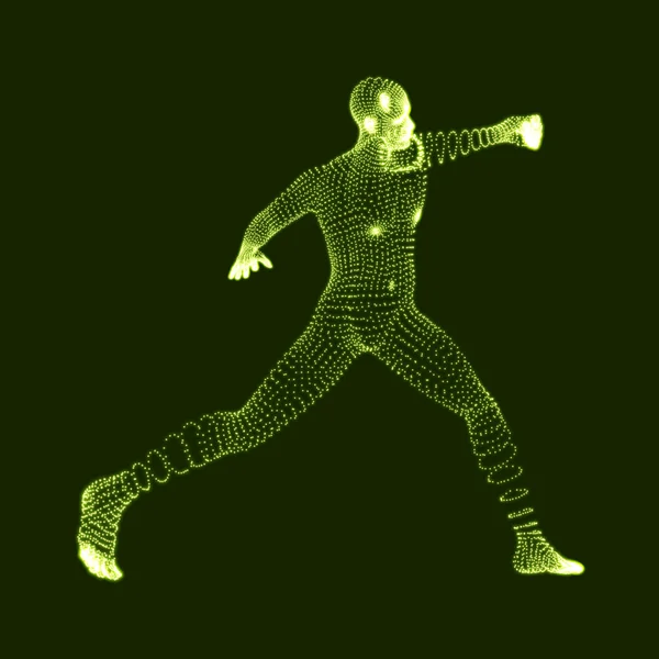 Fighting Man. 3D Model of Man. Human Body Model. Body Scanning. View of Human Body. Vector Graphics Composed of Particles. — Stock Vector