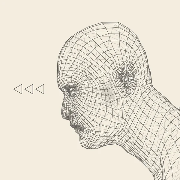 Chef för personen från ett 3d stödraster. Mänskliga huvudet kabel modell. Mänskliga Polygon huvud. Ansikte skanning. Vy över mänskligt huvud. 3D geometriska Face Design. 3D månghörniga täcker huden. Geometri Polygon Man porträtt. — Stock vektor