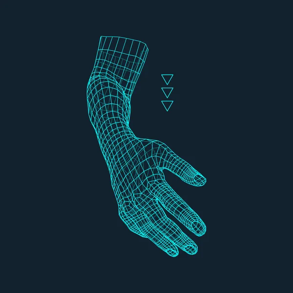 Brazo humano. Modelo de Mano Humana. Escaneo manual. Vista de la mano humana. Diseño geométrico 3D. Cubriendo la piel 3d. Diseño poligonal. Puede ser utilizado para la ciencia, tecnología, medicina, alta tecnología, ciencia ficción . — Archivo Imágenes Vectoriales