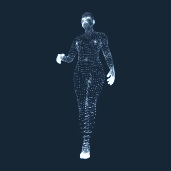 Man Stands on his Feet. Modèle 3D de l'homme. Modèle du corps humain. Analyse corporelle. Vue du corps humain. Graphisme vectoriel composé de particules . — Image vectorielle