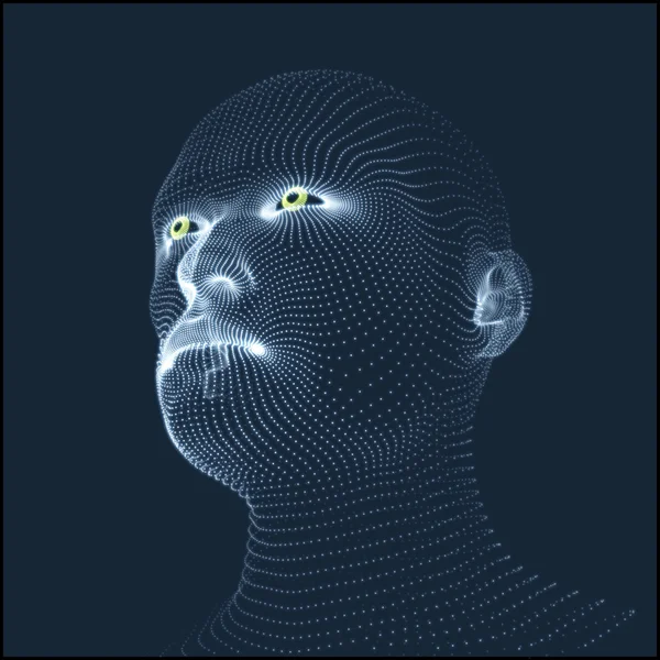 Testa della persona da una griglia 3d. Modello della testa umana. Scansione del volto. Vista della testa umana. Design del viso geometrico 3D. 3d Rivestimento della pelle. Geometria Uomo Ritratto. Può essere utilizzato per avatar, scienza, tecnologia — Vettoriale Stock