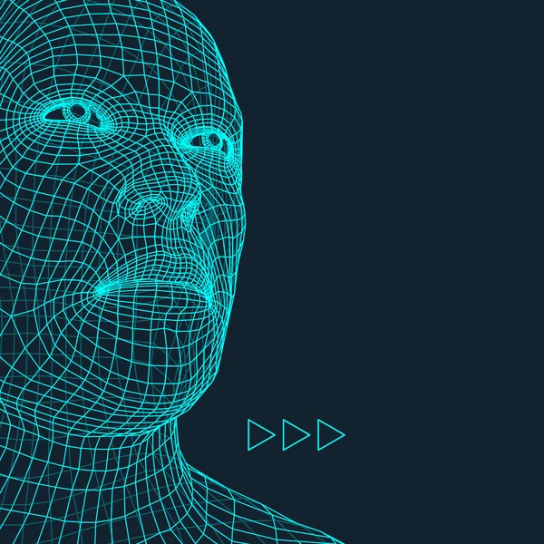 Vedoucí osoby z 3d mřížky. Lidská hlava drátěný Model. Mnohoúhelník lidské hlavy. Tvář skenování. Pohled na lidské hlavy. 3D návrh geometrické tvář. 3D polygonálních krycí kůže. Portrét muže geometrie mnohoúhelník. — Stockový vektor