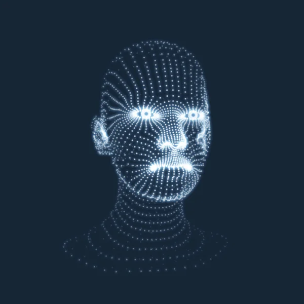 Hoofd van de persoon van een 3d Grid. Menselijk hoofd Model. Gezicht scannen. Weergave van menselijk hoofd. 3D ontwerp van het geometrische gezicht. 3D-bedekking huid. Meetkunde Man portret. Kan worden gebruikt voor de avatar, wetenschap, technologie — Stockvector