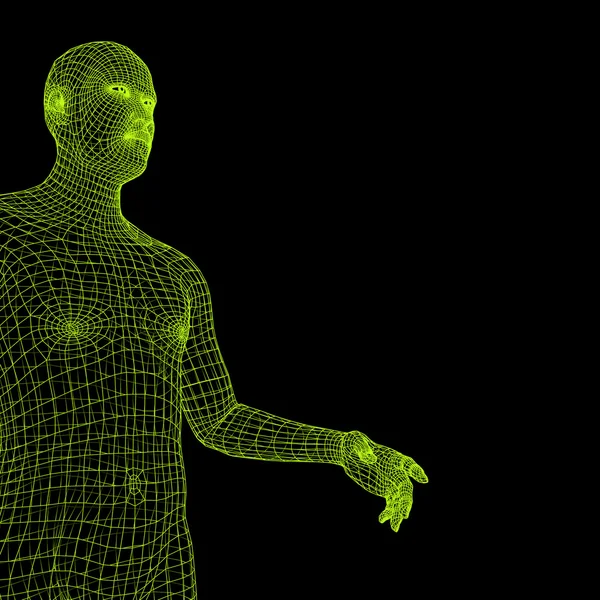 Mann zeigt mit dem Finger. 3D-Modell des Menschen. geometrisches Design. Vektorillustration. 3D polygonale Deckhaut. menschlicher Polygonkörper. Modell menschlicher Körperdraht. — Stockvektor