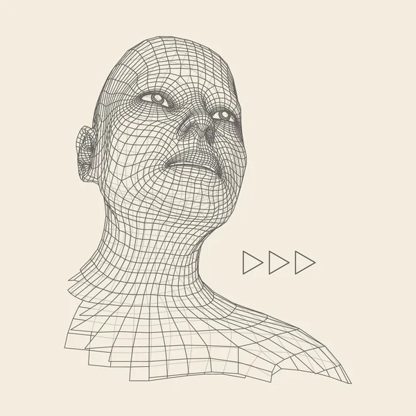 Kepala orang dari 3d Grid. Manusia Kepala Wire Model. Kepala Poligon Manusia. Pemindaian wajah. Pemandangan Kepala Manusia. Desain Wajah Geometrik 3D. 3d Polygonal Covering Skin. Potret Manusia Poligon Geometri . - Stok Vektor