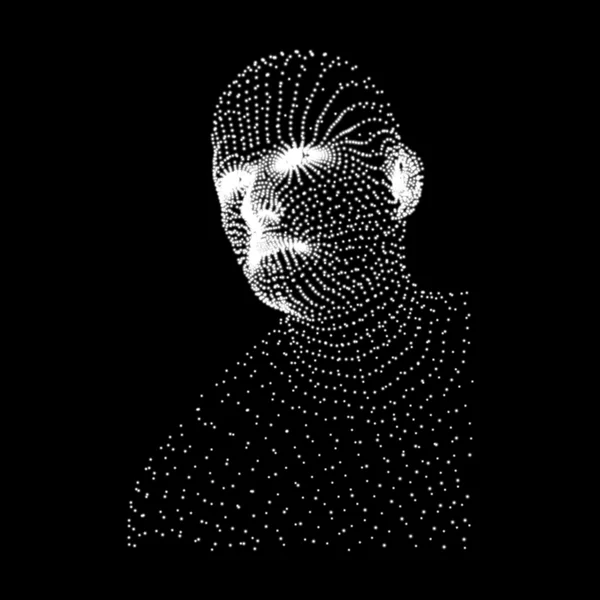 Cabeça da Pessoa de uma Grade 3d. Modelo de Cabeça Humana. Rastreamento facial. Vista da Cabeça Humana. Design de rosto geométrico 3D. 3d cobertura de pele. Retrato de Homem de Geometria. Pode ser usado para avatar, ciência, tecnologia — Vetor de Stock