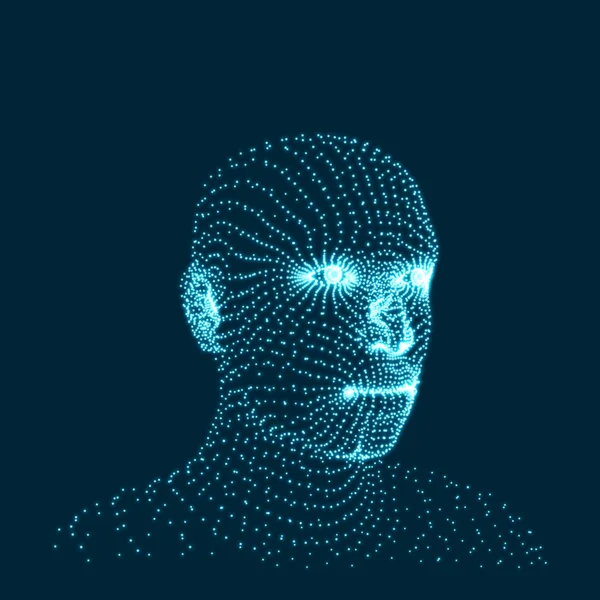 Head of the Person from a 3d Grid. Human Head Model. Face Scanning. View of Human Head. 3D Geometric Face Design. 3d Covering Skin. Geometry Man Portrait. Can be used for Avatar, Science, Technology — Stock Vector