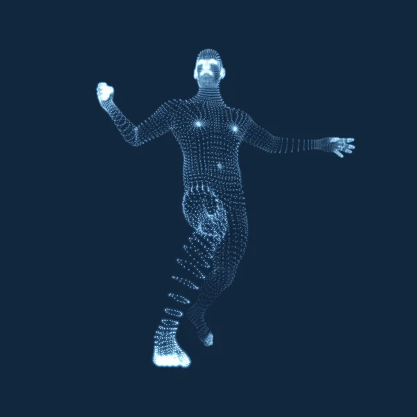 Fighting Man. 3D Model of Man. Human Body Model. Body Scanning. View of Human Body. Vector Graphics Composed of Particles. — Stock Vector