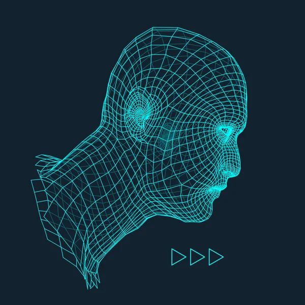 Głowę osoby z siatki 3d. Human Head drutu Model. Wielokąt człowieka głowy. Twarz skanowania. Widok z ludzką głową. geometrycznej powierzchni projektowania 3D. 3D wielokąta pokrycie skóry. Geometrii wielokąt mężczyzna portret. — Wektor stockowy