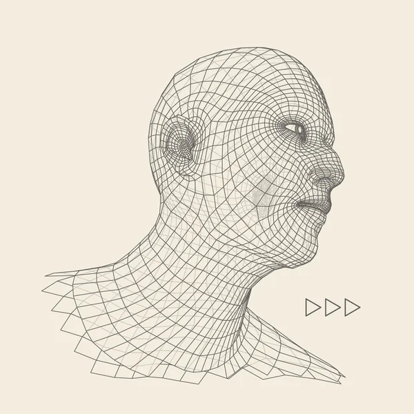 Chef för personen från ett 3d stödraster. Mänskliga huvudet kabel modell. Mänskliga Polygon huvud. Ansikte skanning. Vy över mänskligt huvud. 3D geometriska Face Design. 3D månghörniga täcker huden. Geometri Polygon Man porträtt. — Stock vektor