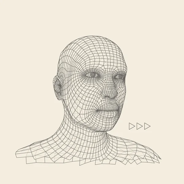 Şeful persoanei dintr-o reţea 3D. Modelul de sârmă de cap uman. Cap de poligon uman. Scanarea feţei. Vedere asupra capului uman. 3D Geometric Face Design. 3d Piele de acoperire poligonală. Geometrie Poligon Man Portret . — Vector de stoc