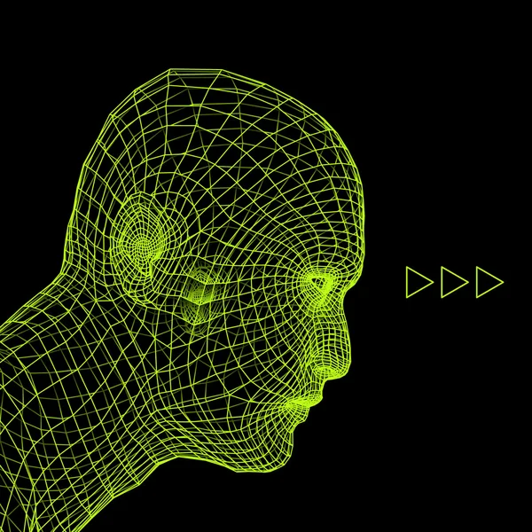 3d Grid insandan şefi. İnsan kafası Model tel. İnsan çokgen kafa. Yüz tarama. İnsan kafası görünümünü. 3D geometrik yüz tasarım. 3D poligonal kapsayan cilt. Geometri çokgen adam portresi. — Stok Vektör