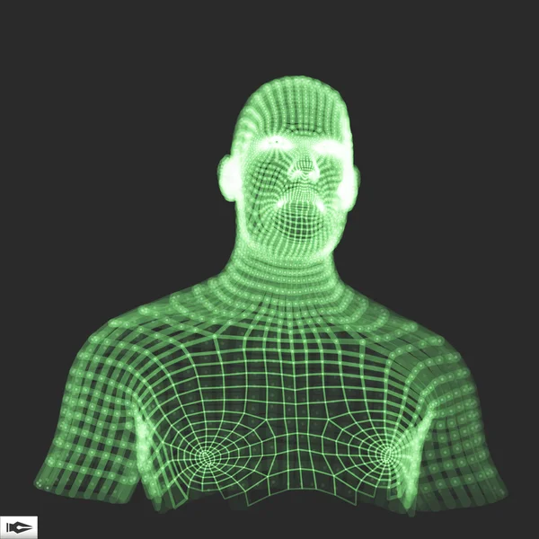 3d Grid insandan şefi. İnsan kafası Model tel. İnsan çokgen kafa. Yüz tarama. İnsan kafası görünümünü. 3D geometrik yüz tasarım. 3D poligonal kapsayan cilt. Geometri çokgen adam portresi. — Stok Vektör