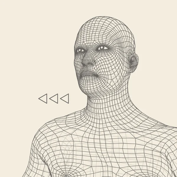 3d Grid insandan şefi. İnsan kafası Model tel. İnsan çokgen kafa. Yüz tarama. İnsan kafası görünümünü. 3D geometrik yüz tasarım. 3D poligonal kapsayan cilt. Geometri çokgen adam portresi. — Stok Vektör