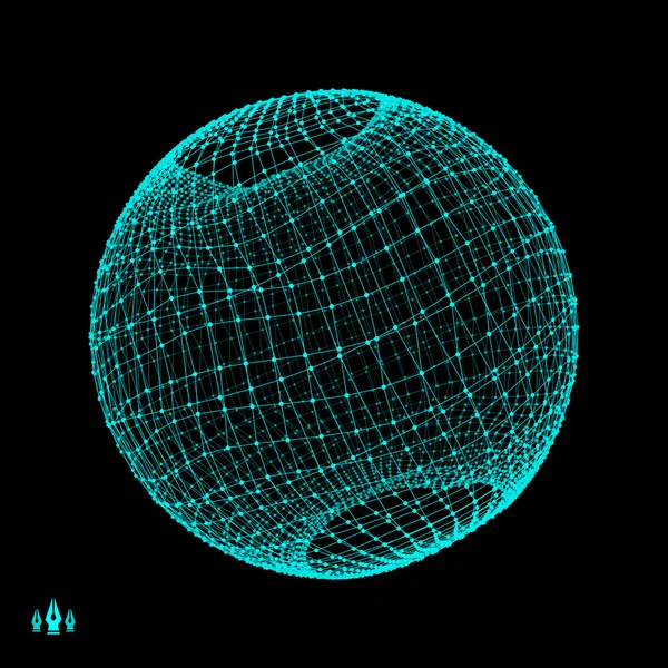 Sphère avec lignes et points connectés. Connexions numériques mondiales. Globe Grid. Illustration Wireframe. Style de technologie 3D. Réseaux . — Image vectorielle