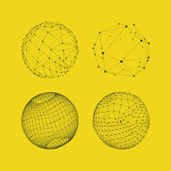 Sfera con linee e punti collegati. Connessioni digitali globali. Griglia a globo. Illustrazione wireframe. Stile di tecnologia 3D. Reti . — Vettoriale Stock