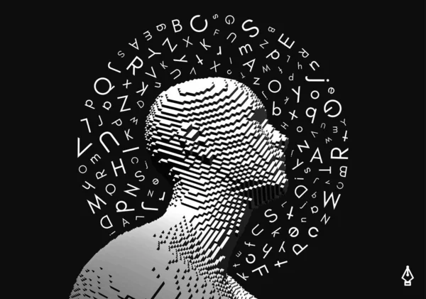 学習の概念 脳訓練だ 思考能力の開発 男の頭の上に混沌とした順序で文字のハロー 教育用ベクターイラスト — ストックベクタ