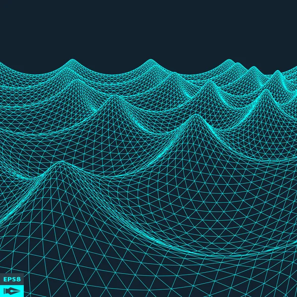 Superfície da água. Fundo da grade ondulada. 3d ilustração vetorial abstrato. — Vetor de Stock