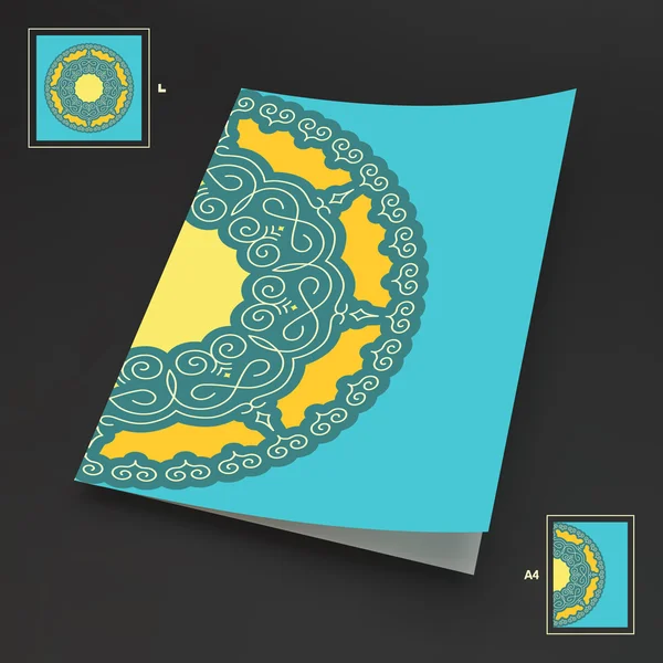 Textbook, Booklet or Notebook Mockup. Ethnic Circle Element. Orient Traditional Design. Lace Pattern. Mandala Round Ornament. Vector Fashion Illustration. — Stok Vektör