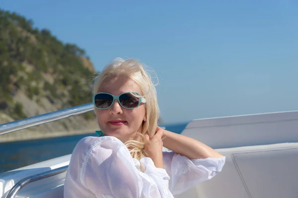 Blonde Dark Glasses Poses White Yacht Stock Photo