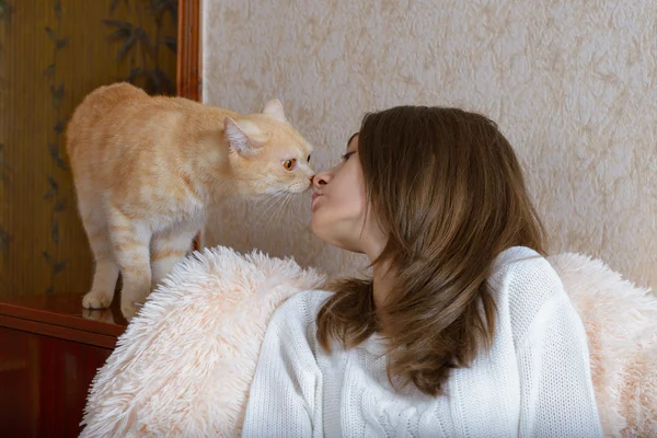 Menina e gato vermelho — Fotografia de Stock