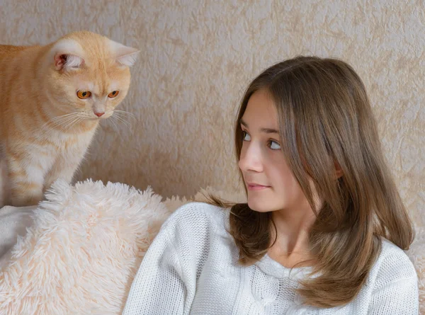 Dívka a červená kočka — Stock fotografie