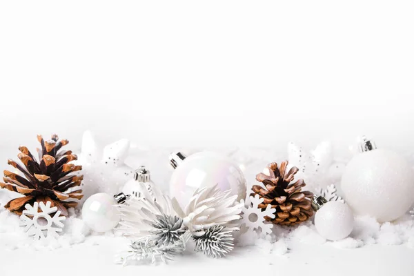 Silver White Christmas Balls Mas Ornaments White Snow Background Merry — Stock Photo, Image