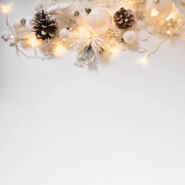 Pearl White Color Christmas New Year Decoration White Background Lights — Stock Photo, Image