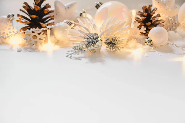 Pearl White Color Christmas New Year Decoration White Background Lights — Stock Photo, Image