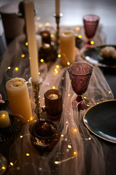 Aménagement Romantique Mariage Table Vacances Décoration Marron Rose Avec Bougies — Photo