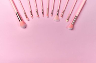 Metin için kopyalama alanı olan pembe arkaplandaki profesyonel fırçalar