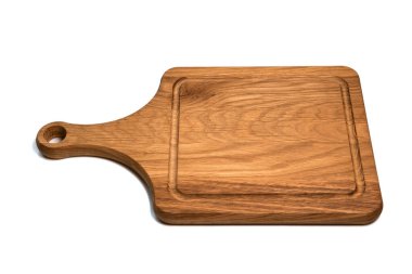 Ahşap meşe kesim mutfak tahtası, beyaz arka planda izole edilmiş.