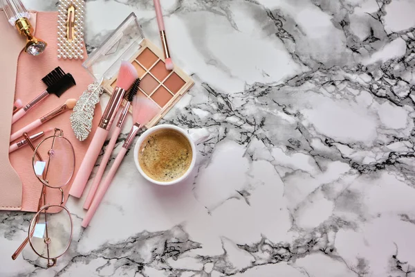 Flat Lay Composition Makeup Products Coffee Eyeglasses Woman Marble Desk — Stock Photo, Image