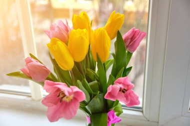 Beyaz pencere pervazında çok renkli laleler