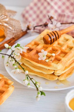 Taze Belçika waffle 'larının üzerine bal dökülüyor. Mineral ve vitamin açısından zengin organik sağlıklı bahar kahvaltısı. Kahvaltı için eko-yemek. Kiraz çiçekleriyle moda tatlı şekerlemeler