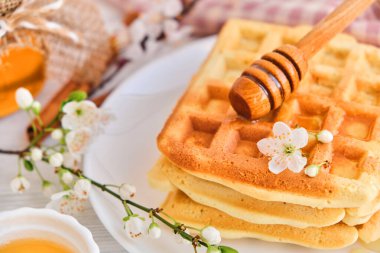 Taze Belçika waffle 'larının üzerine bal dökülüyor. Mineral ve vitamin açısından zengin organik sağlıklı bahar kahvaltısı. Kahvaltı için eko-yemek. Kiraz çiçekleriyle moda tatlı şekerlemeler