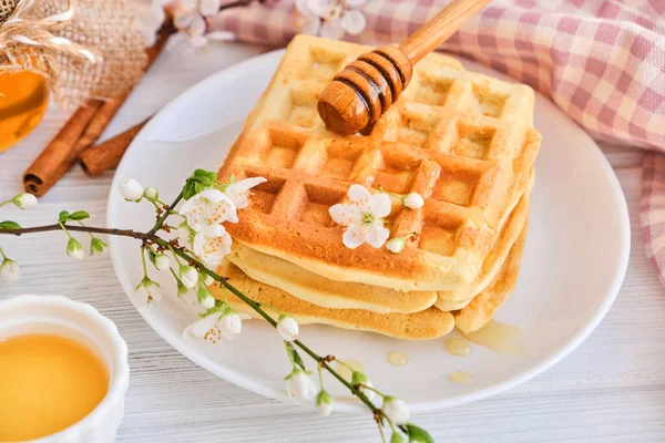 Miel Vertiendo Sobre Unos Gofres Belgas Frescos Orgánica Saludable Desayuno — Foto de Stock