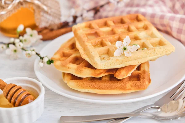 Miele Versato Waffle Belgi Freschi Bio Sano Colazione Primaverile Ricca — Foto Stock