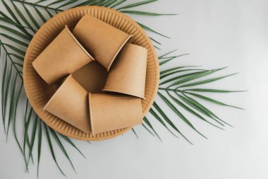 Sıfır atık, çevre dostu. Kavramsal bir sembol olarak geri dönüşüm sembolü, tek kullanımlık karton gözlüklerden yapılmış, yeşil palmiye dallarındaki tabaklar. Yukarıdan görüntüle.