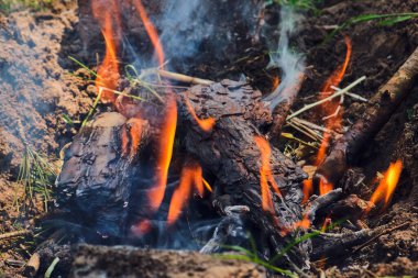 Şenlik ateşi. Doğada kamp ateşi. Dumanla yanan odun. Odunları yakın, şömineyi yakın.