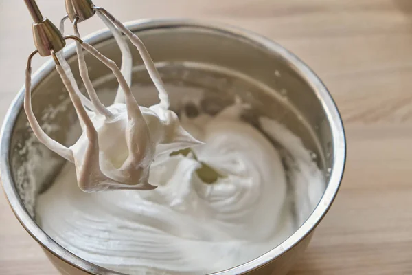 Whipped Egg Whites Other Ingredients Cream Ingredient Baking Wooden Table — Stock Photo, Image