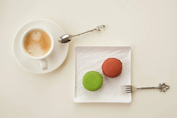 Tasty Sweet Macarons Square Plate Vintage Fork Spoon Coffee Cup — Stock Photo, Image