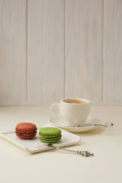Tasty Sweet Macarons Square Plate Vintage Fork Spoon Coffee Cup — Stock Photo, Image