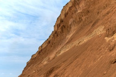 Jeoloji. Çöl manzarası. Kum taşı oluşumunun panorama görüntüsü, kayalık kayalıklar, kum. Sahildeki kumlu uçurumun arka planı veya dokusu, turuncu kireç taşı