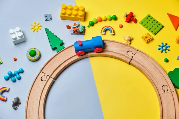 Set Different Children Toys Made Wooden Rails Train Constructor Yellow — Stock Photo, Image