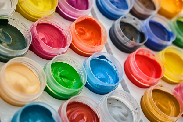 Zbliżenie Farb Akrylowych Paleta Farb Nowy Zestaw Kolorów Farb Malowania — Zdjęcie stockowe